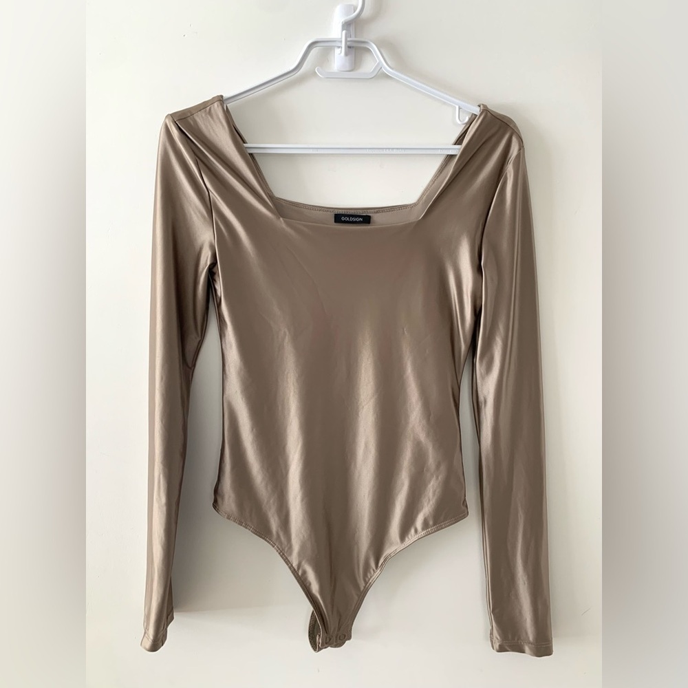 GOLDSIGN Square Neck Metallic Nude Thong Bodysuit